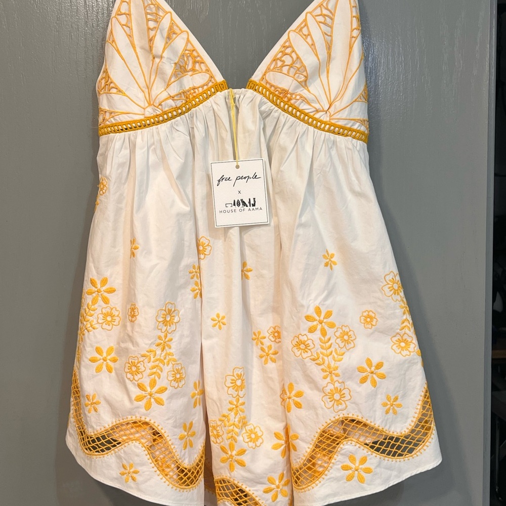 Free People White and Yellow Embroidered Dress. Collab with HOUSE OF AAMA.